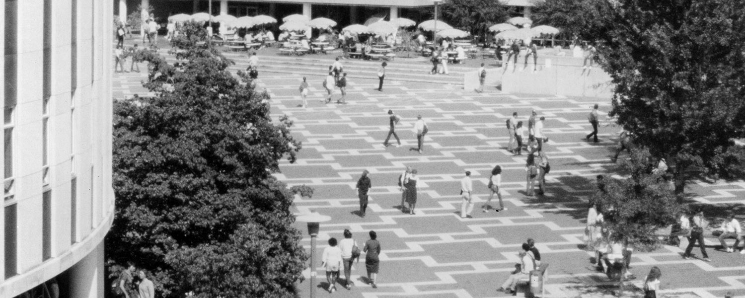 students cross the brickyard in the 1980s