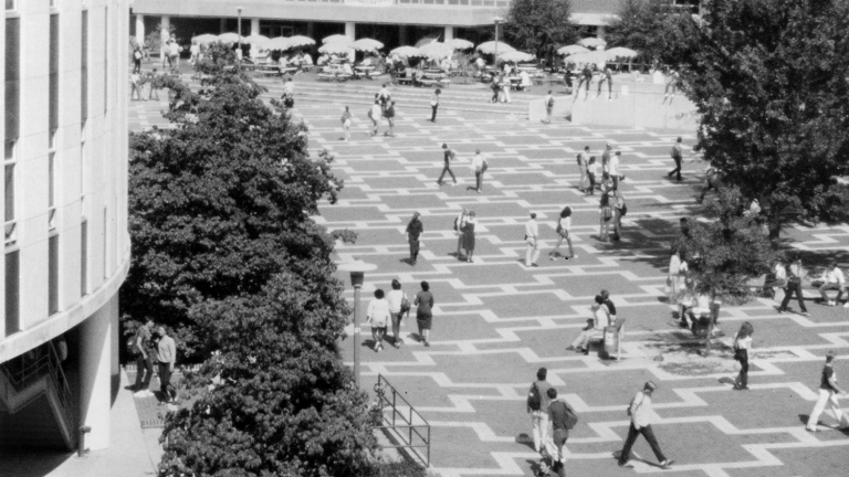 students cross brickyard in 1980s