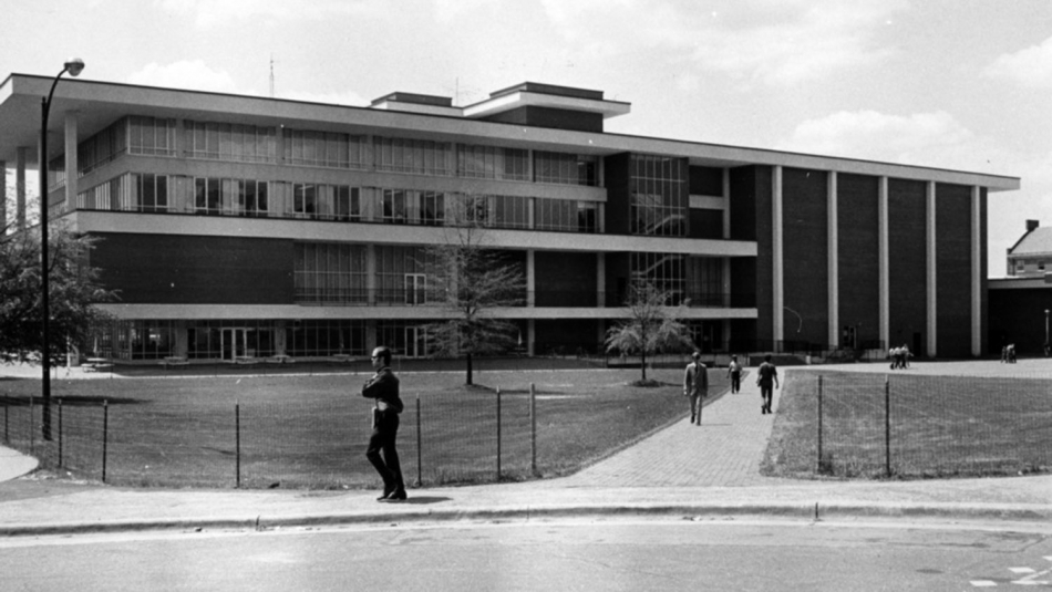 man walks by Talley Student Center in 1970s