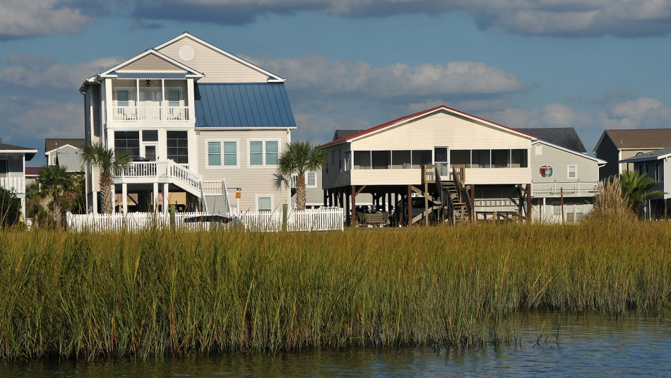 Soundside beach cottages tower above the reeds at Ocean Isle.