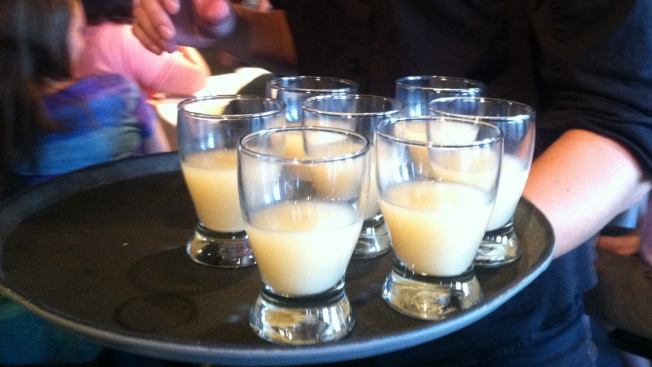 experimental beer sits in small glasses on tray