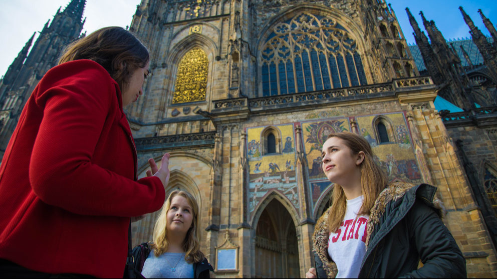 NC State students gather in front of an historic building in Prague.