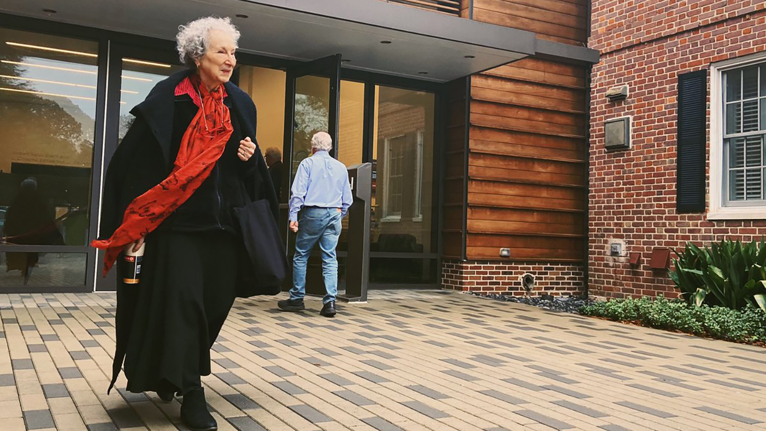 Author Margaret Atwood leaves the Gregg Museum of Art and Design after visiting an exhibit.